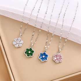 Hot Sale Titanium Steel Trendy Jewelry Women Light Luxury Design Five Leaf Colorful Zircon Flower Necklace