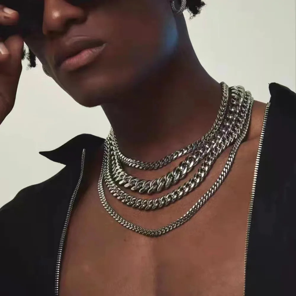 Cross-border European and American Encryption Titanium Steel Cuban Stainless Steel Necklace Titanium Steel Men's Fashion Hiphop