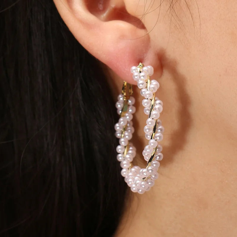 SLBRIDAL Hook Shape Earring Ear Studs Pearls Dangle Earrings Gold Color Drop Earrings for Women Fashion Jewelry