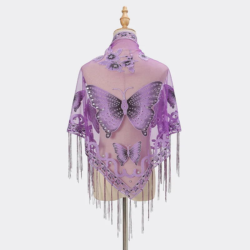 Wholesale Solid Color Lace Hollowing Triangle Ladies Scarf Butterfly Embroidered Tassel Monochrome Breathable Triangle Shawls