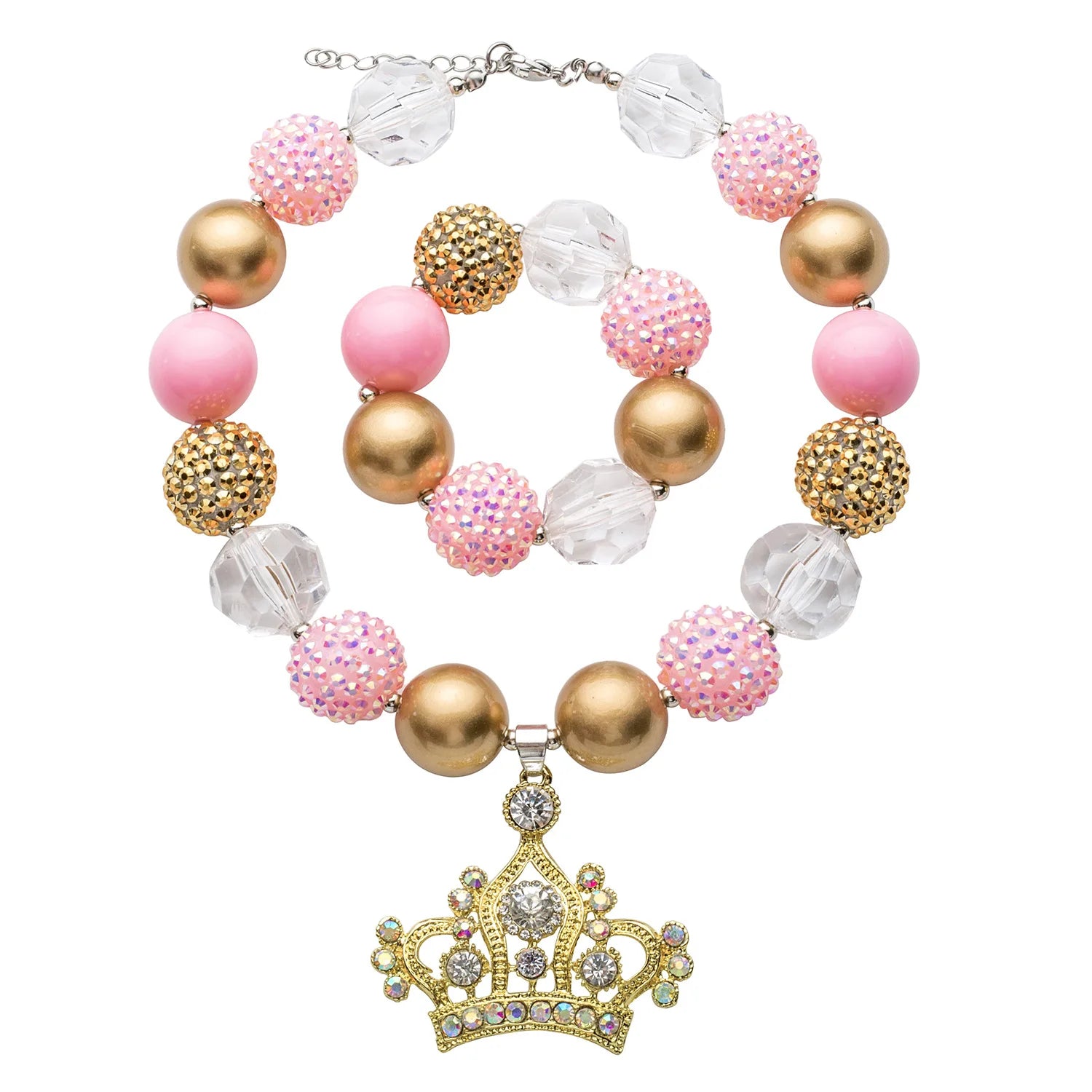 Handmade Bohemian Acrylic Kids Jewelry Set with Gold Plated Zinc Alloy Crown Pendant Necklace and Bracelet for Parties and Gifts
