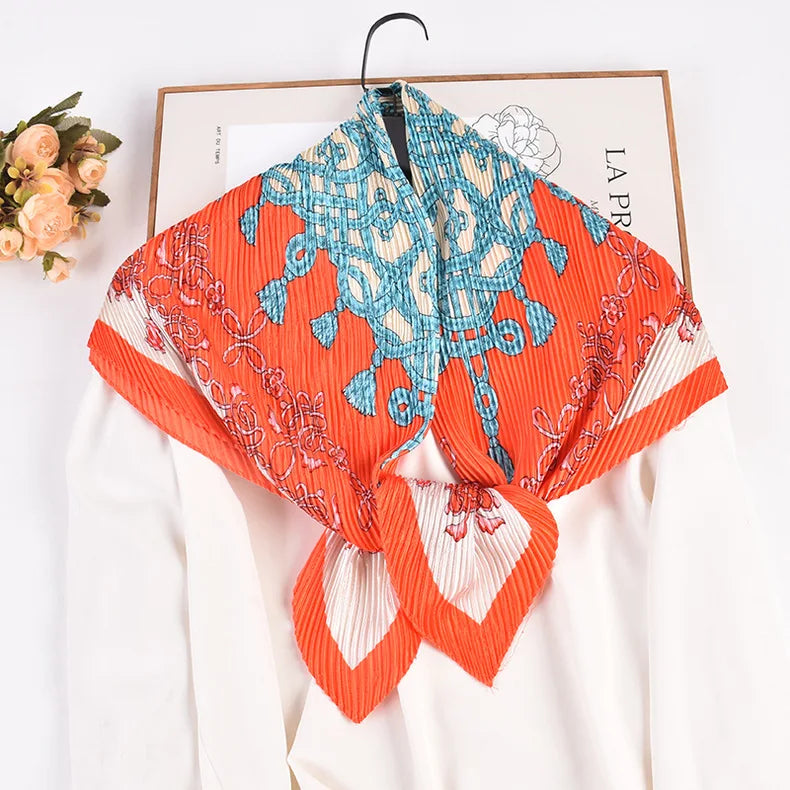 Good Price Imitated Silk Satin 90cm Rhombus Milk Silk Vintage Chinese Knot Print Fold Scarf Pleated Fashion Shawl Kerchief
