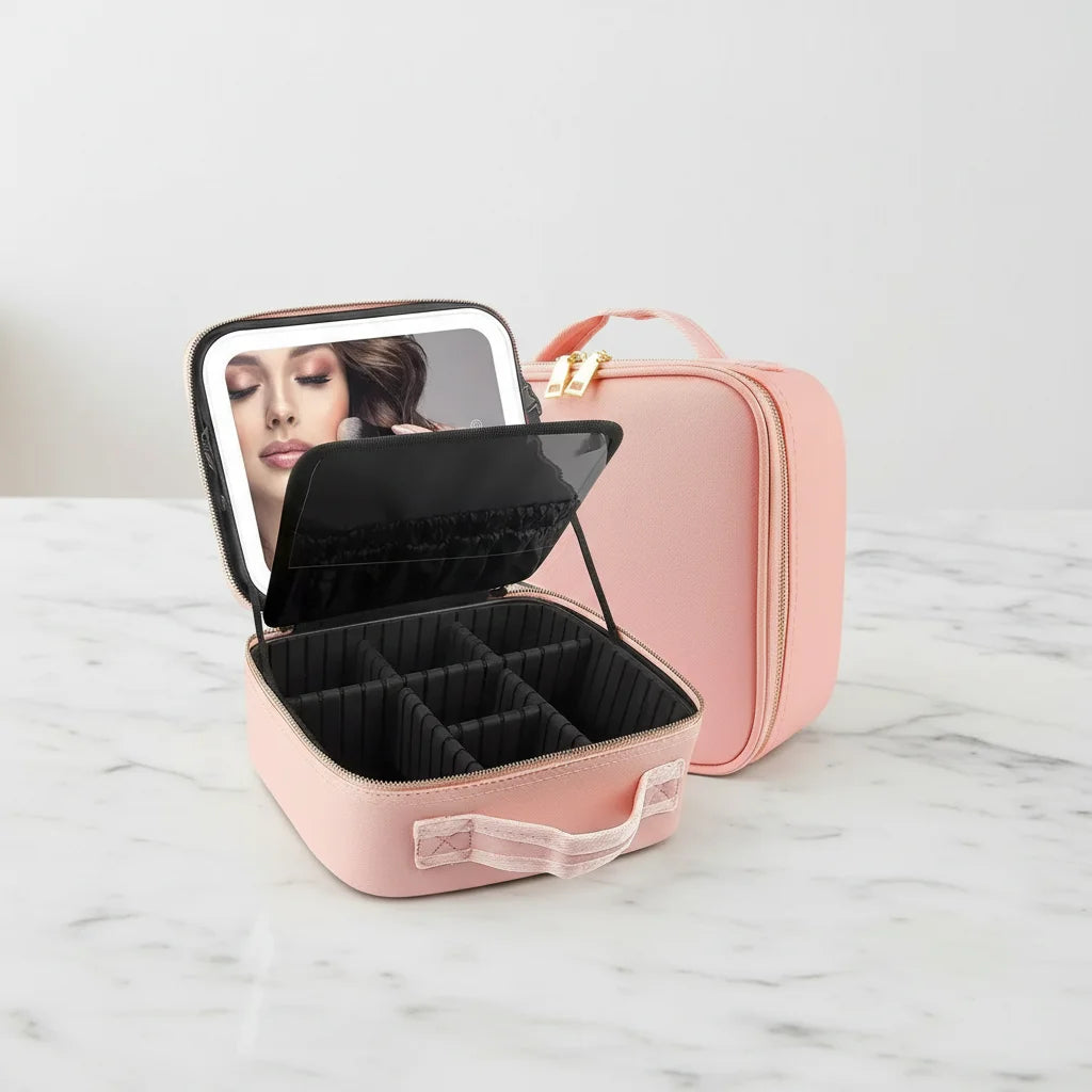 3 In1 Pu Leather Portable Travel Makeup Bag Make up Bag With Led Light Mirror With Handle
