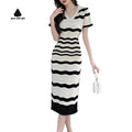 Women's Black and White Striped V Neck Short Sleeve Knit Midi Dress Wave Pattern Dress Elegant Office Casual Daily Dress