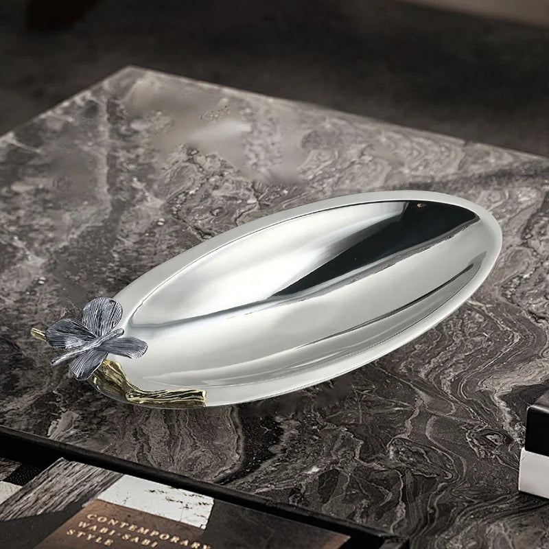 European Style Light Luxury Butterfly Decorative Fruit Bowl Stainless Steel Dessert Plate Fruit Tray for Living Room Home Decor