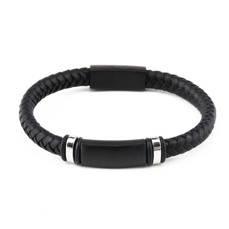YK Classic Style Men Leather Simple Black Stainless Steel Button Neutral Accessories Hand-woven Bracelet Jewelry