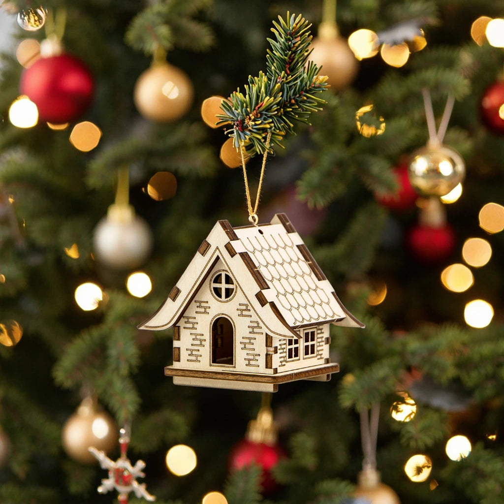 Custom Laser Cut Wood Miniature Christmas House Village for Tree Hanging Decoration