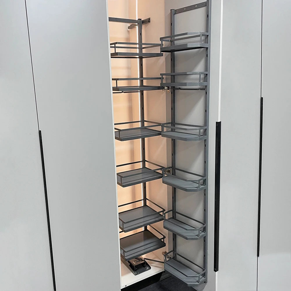 Modern Design Wooden Martial Storage Basket Custom 4/5/6 Layers Pull Pantry Organizer Soft Function for Kitchen Cabinets Grey