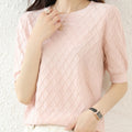 100% Cotton Women's Short Sleeve T-shirt Round Neck Summer New Loose Hollow Out Knit Half Sleeve Thin Diamond Knit