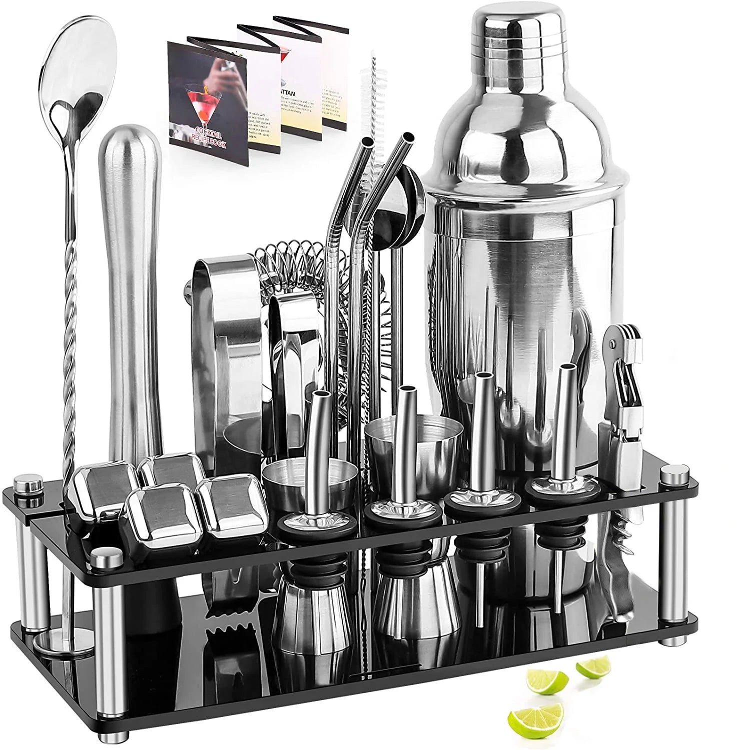 23pcs Set Stainless Steel Measure Jigger Twisted Spoon Booklet Bartender Strainer Martini Kit 750ML Cocktail Boston Shaker Set