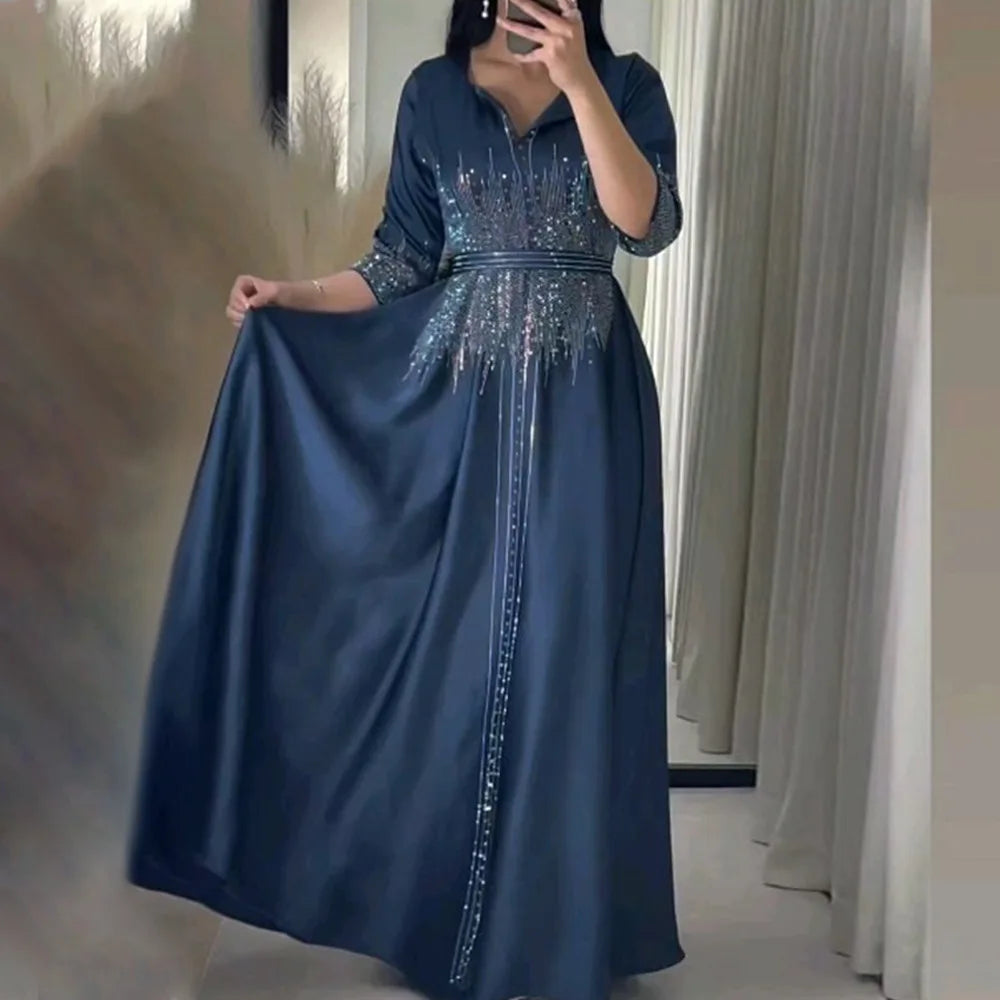 Hot Selling Beaded Casual Muslim Dress Satin Maxi Dress Arab Islamic Clothing