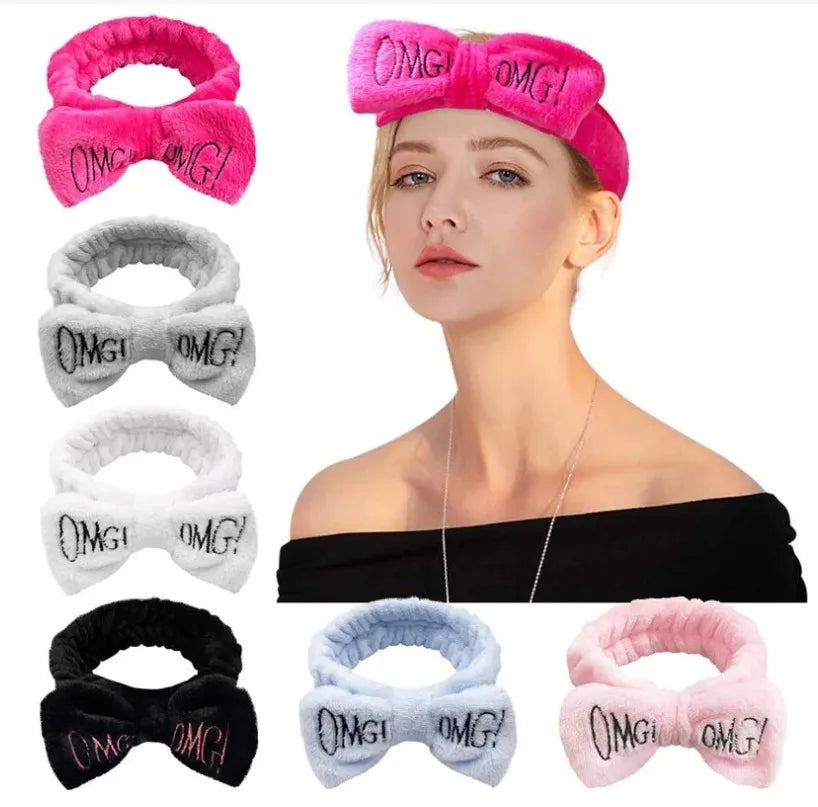 Cute Women Letter Bowknot Plush Headband Face Washing Hair Band