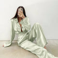 Enyami Spring Autumn Shiny Satin Co-ords Suit Lounge Wear Women Long Sleeve Lace up Shirts Trousers Straight Pants Set
