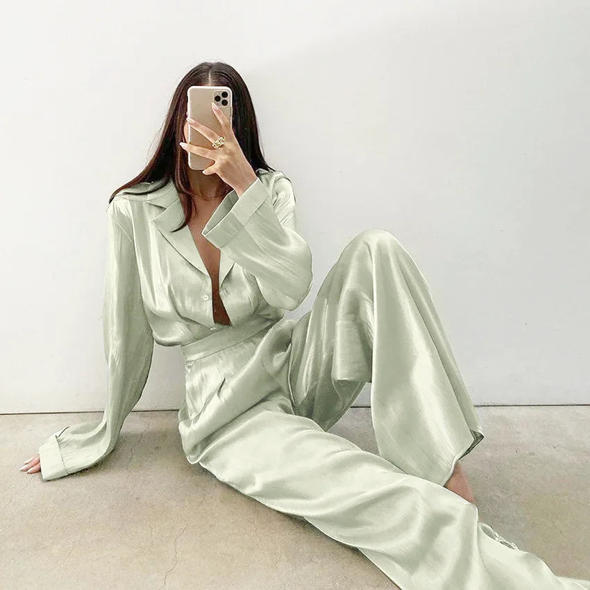 Enyami Spring Autumn Shiny Satin Co-ords Suit Lounge Wear Women Long Sleeve Lace up Shirts Trousers Straight Pants Set