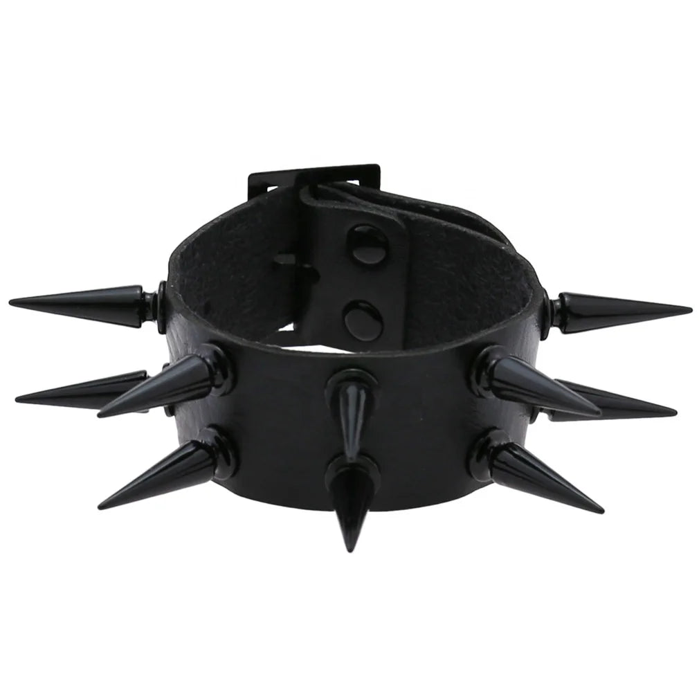 Punk Gothic Rock Black Two Row Spikes Rivet Leather Bracelet Wristbands Charm Woman Man Bangle