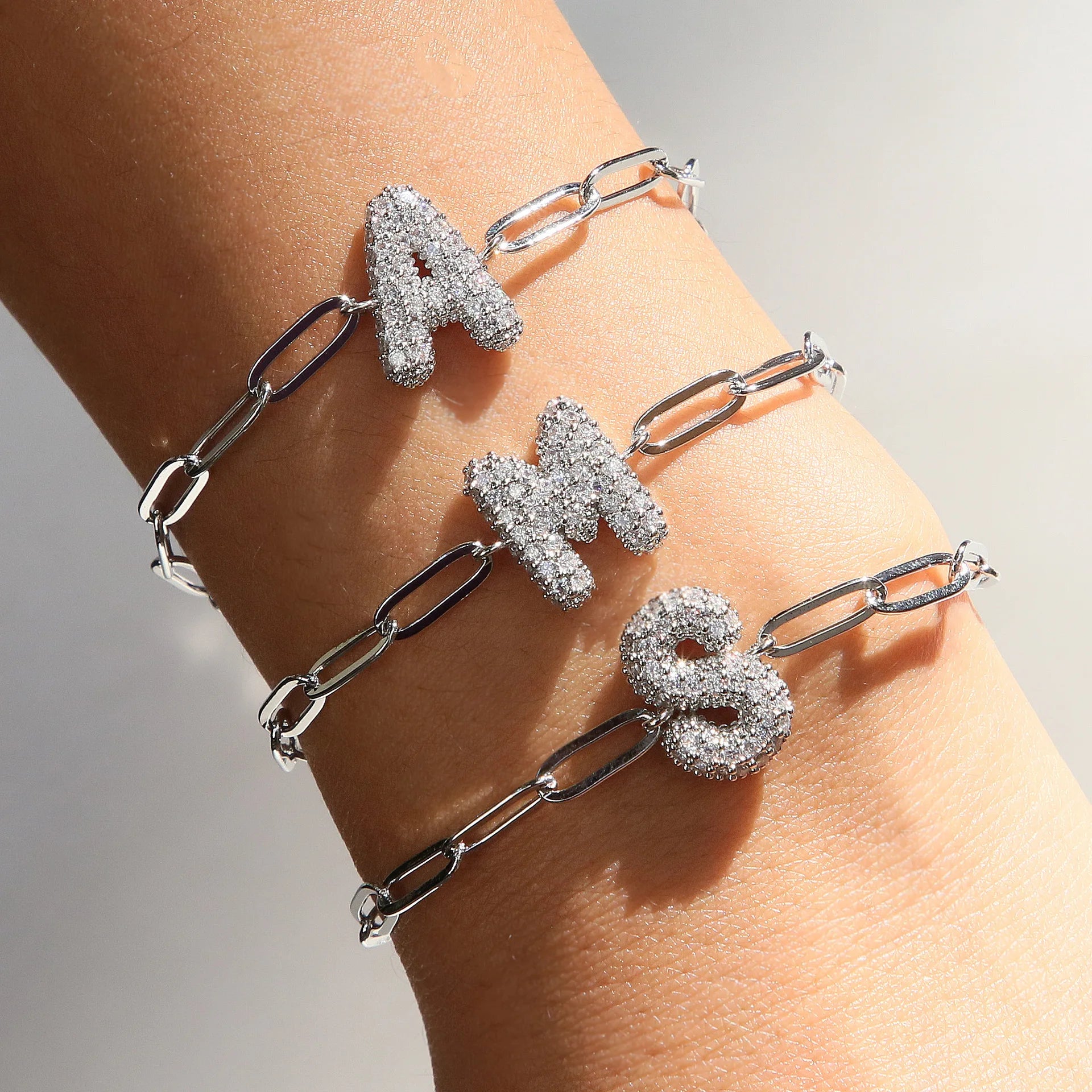 DIY Name Silver 26 Bubble Letter Zircon Bracelet Paper Clip Chain Adjustable Fashion Bracelet for Women
