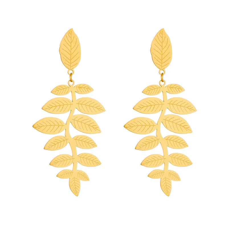 New Fashion Jewelry 18k Pvd Gold Plated Anti Tarnish 316L Stainless Steel Large Leaf Drop Earings Women