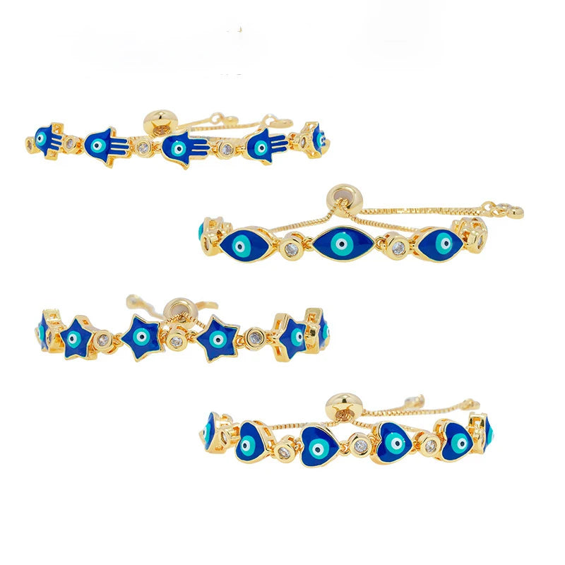 Simple and Versatile Blue Eye Oil Drop Bracelet Star Hamsa Heart Eyes Pull-out Adjustment Hand Jewelry Bracelet Wholesale