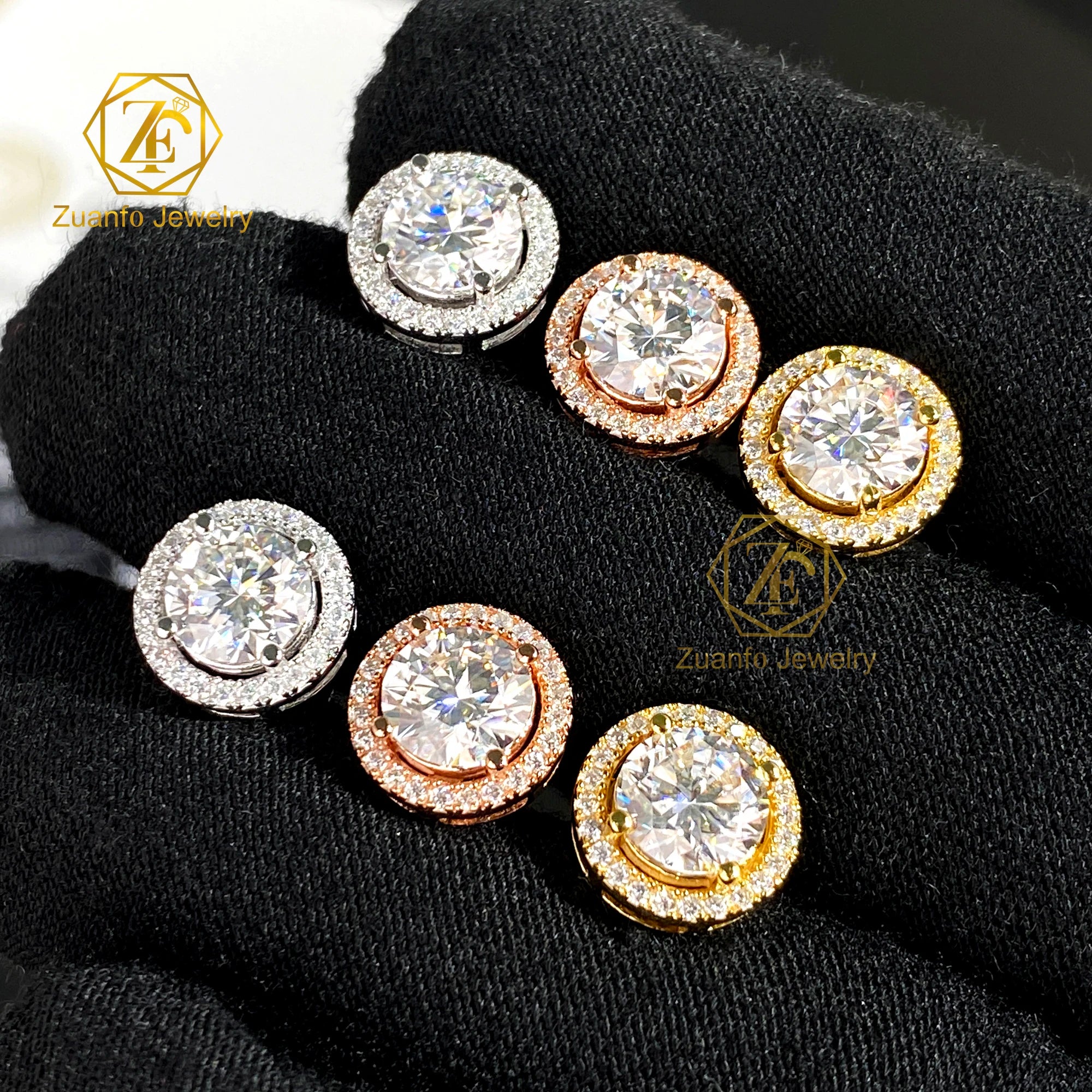 Wholesale Manufacture 925 Sterling Silver Iced Full Vvs Moissanite Round Stud Earrings  Flower Pattern Men Women Weddings Gifts