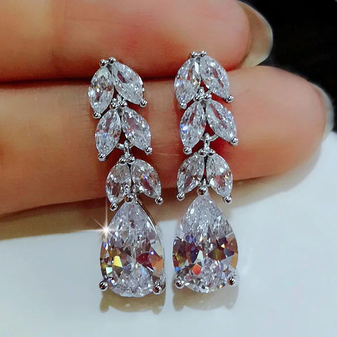 Silver Plated Wholesale Fancy Drop Earrings Ladies Designs Pictures Party Girls Leaf Drop Shaped Zirconium Stone Ear Ornament