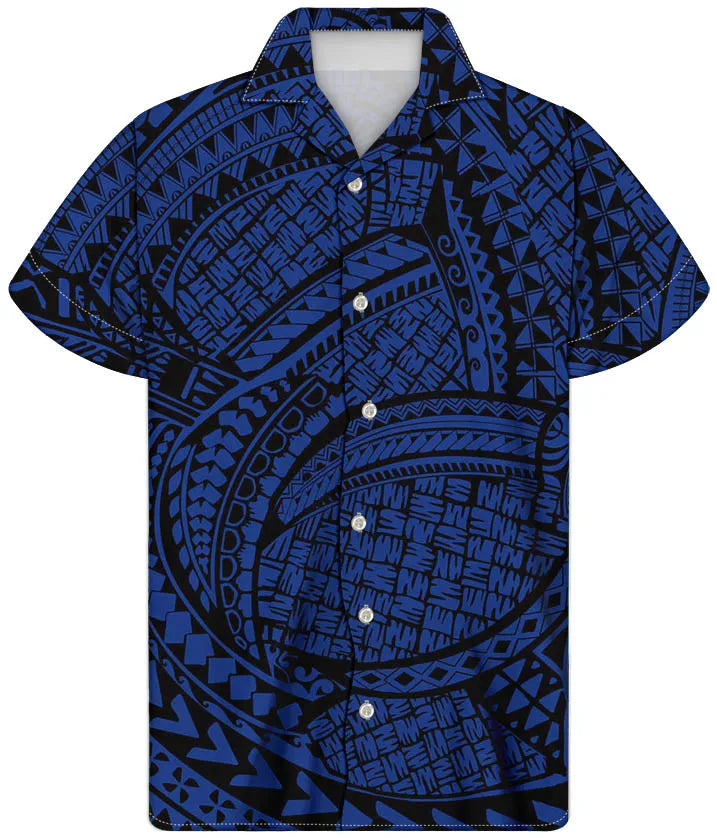 China Supplier Men's Casual Shirts Blue/Red Hawaii Stripe Polynesian Tribal Printed Adult Custom Plus Size Short Sleeve Summer