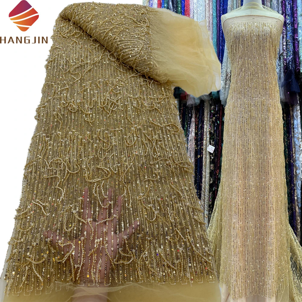 Luxury Gold 3D Heavy Hand Beaded Lace Fabric With Sequins Embroidered Mesh Tassel Sequence Lace Fabric for Party Wedding Dress
