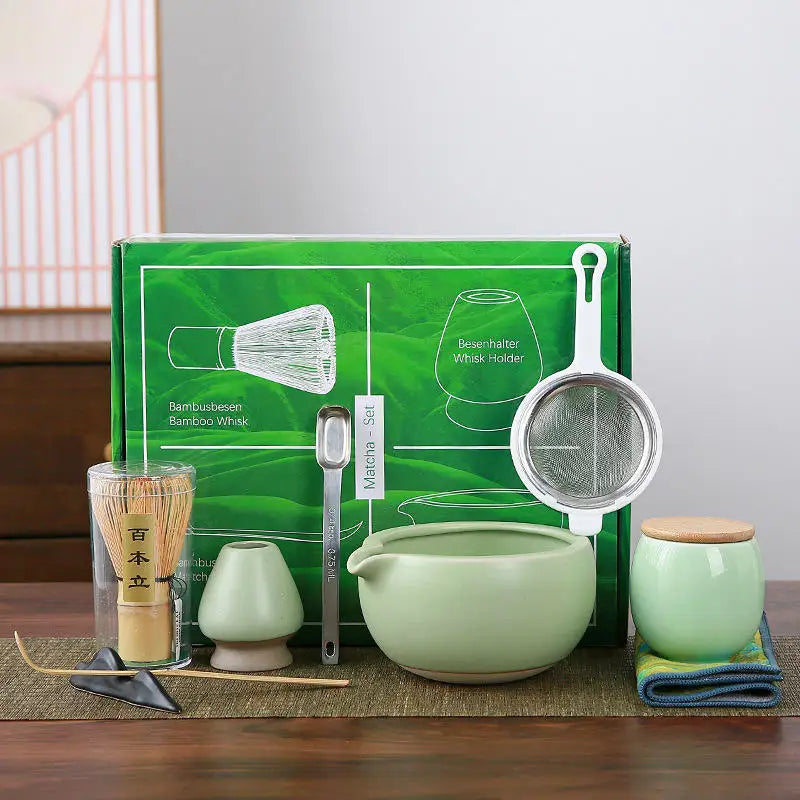 9pcs Handmade Japanese Ceramic Tea Bowl Bamboo Brush Set Festive Friends & Relatives Gifts Matcha Tea Kit for Home Office Use