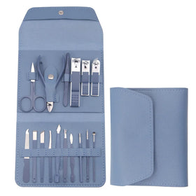 Professional Manicure Kit 16 Pcs Stainless Steel Nail Clippers Pedicure Sets Nail Care Tool Grooming Kit with Leather Bag