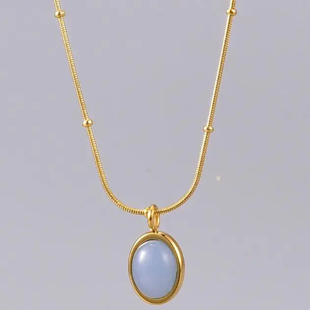 Classic 316L Stainless Steel Necklace with Gold Plating Simple Double Blue Stone and Oval Natural Stone Choker Women's Jewelry