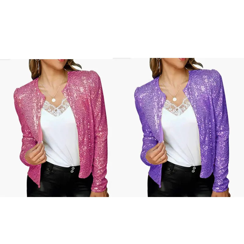 Fashion Women Glitter Elegant Outwear Office Ladies Blazer Sequin Jackets