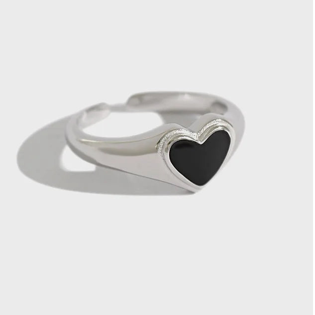 Hot Selling Jewelry S925 Sterling Silver Black Enamel Heart Open Adjustable Ring for Women