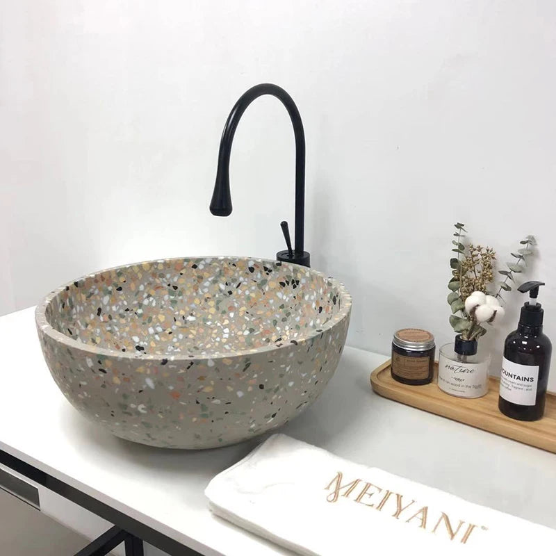 European Style Cement Wash Basin Round Shape  Above Counter Basin  Bathroom Terrazzo Concrete Sink