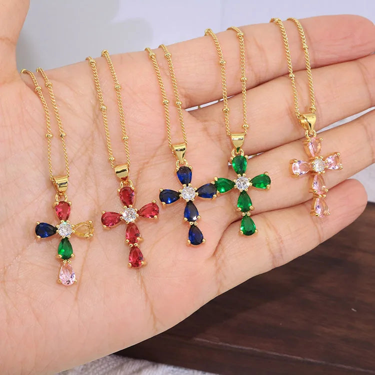 NZ1205 Dainty 18k Gold Plated Brass Colored CZ Micro Pave  Cross Christian Religious Pendant Necklaces Jewelry for Women