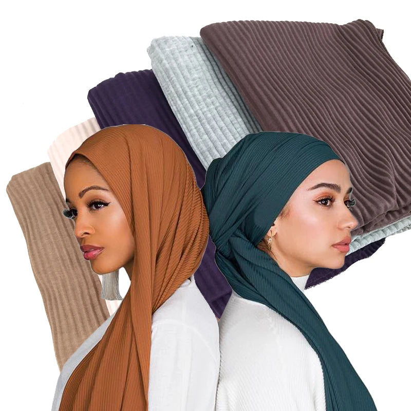 Factory Wholesale Plain Elastic Ribbed Jersey Muslim Hijab Women Crinkled Scarf Wrinkle Headwraps for Women