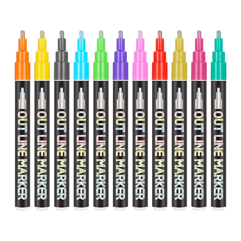 Christmas Decor 8/12/20 Colors Self-outline Glitter Metallic Markers Permanent Double Line Outline Pen for Stone Painting Paper
