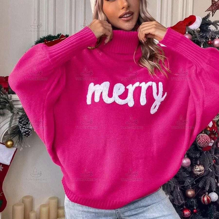 Manufacturer Custom Pink Christmas Jumper Vintage Wholesale Turtleneck Cute Christmas Sweater for Women
