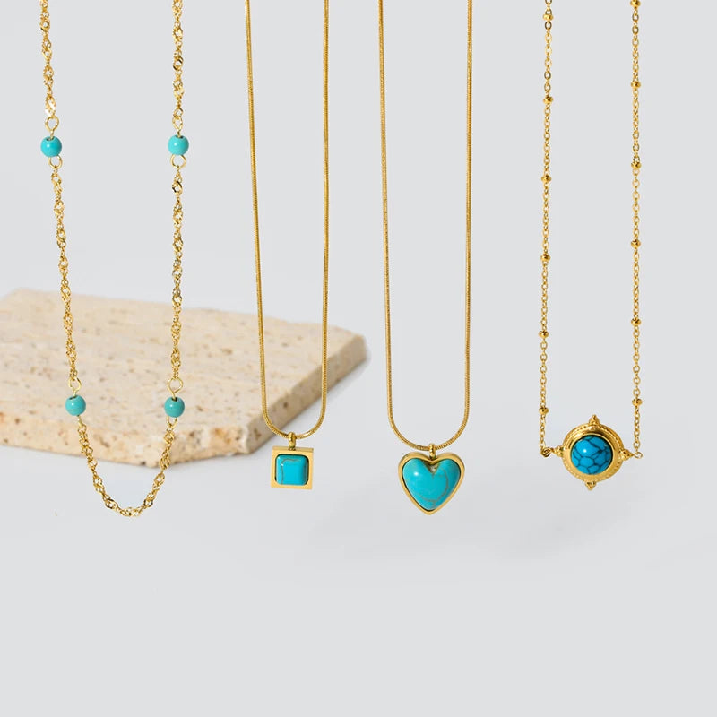 Vintage Trendy 18K Gold Plated Stainless Steel Blue Howlite Heart Square Pendant Necklace Twist Chain Waterproof Turquoise
