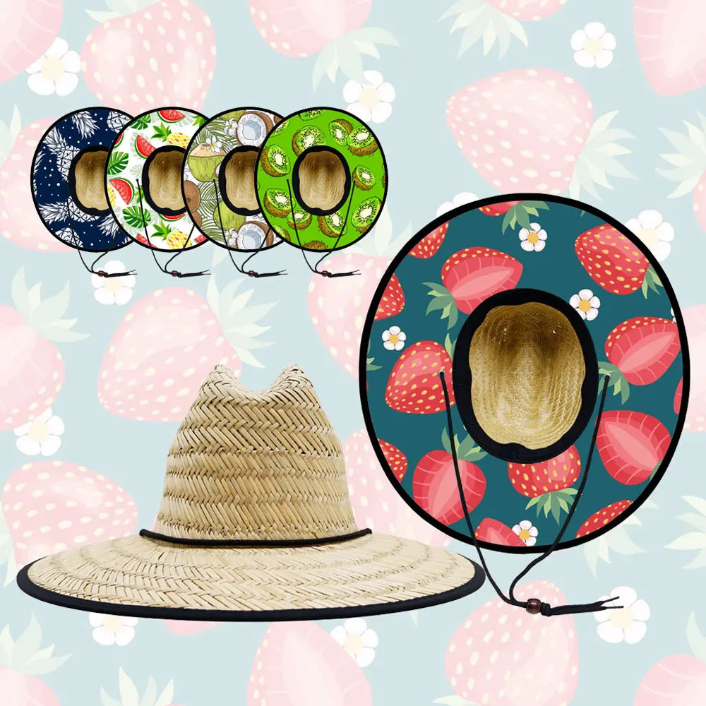 Unisex Summer Strawberry Farm Fruits Printed Beach Hat Custom Logo Australian Straw Hats for Travel Big Garden Accessory