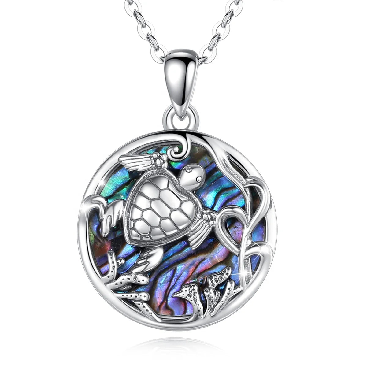 925 Sterling Silver Sea Turtle Pendant Necklace with Blue Opal Mother of Pearl-Dazzling Pearl Jewelry
