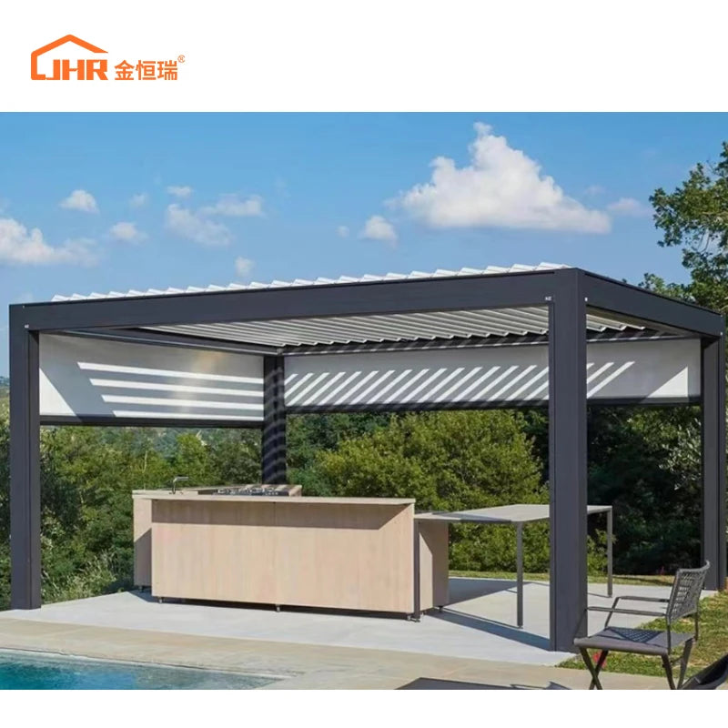 JHR Easily Assembled Motorized Opening Pergolas Pergola Aluminium Outdoor Canopy Gazebo Louvered Pergola with Side Sun Screen