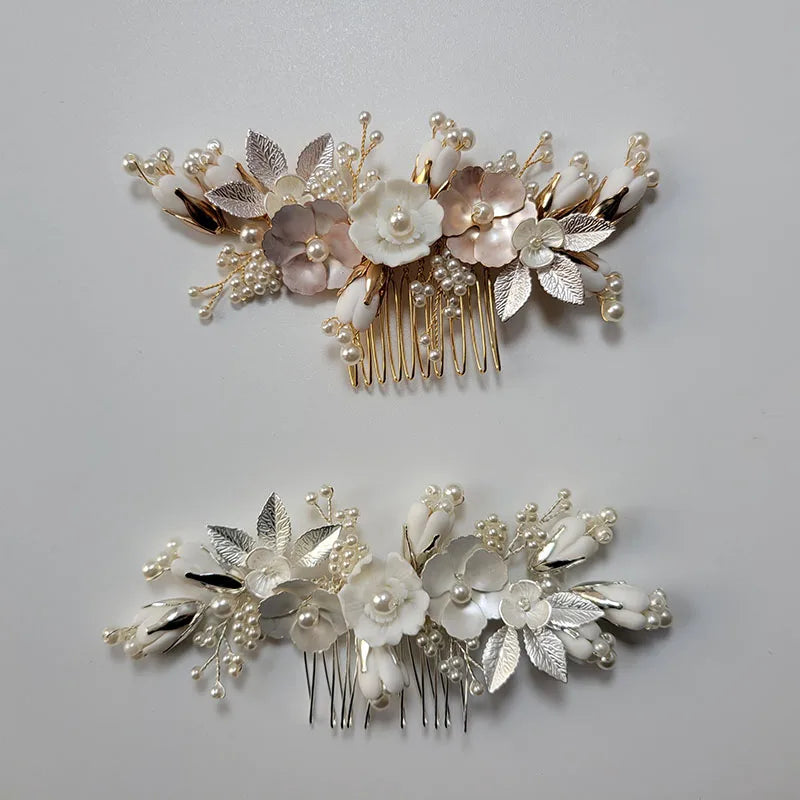 SLBRIDAL Handmade Crystal Rhinestone Pearls Ceramic Flower Bridal Hair Comb Wedding Hair Accessories Bridesmaids Women Jewelry