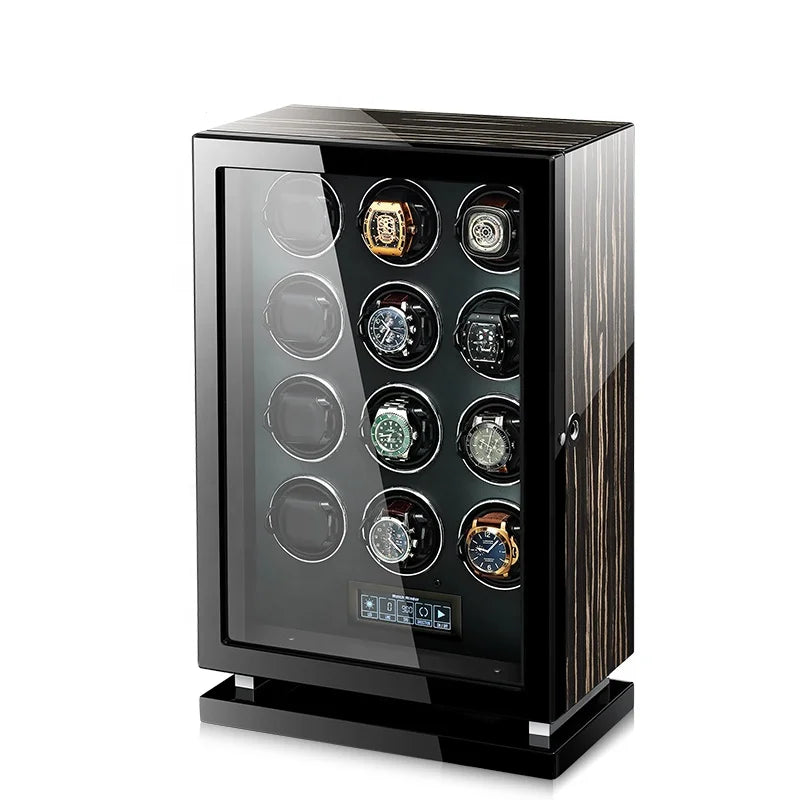 MINEESI Luxury 12-Slot Automatic Watch Winder Fingerprint Touch Screen Control Protective Interior Backlight for Mechanical