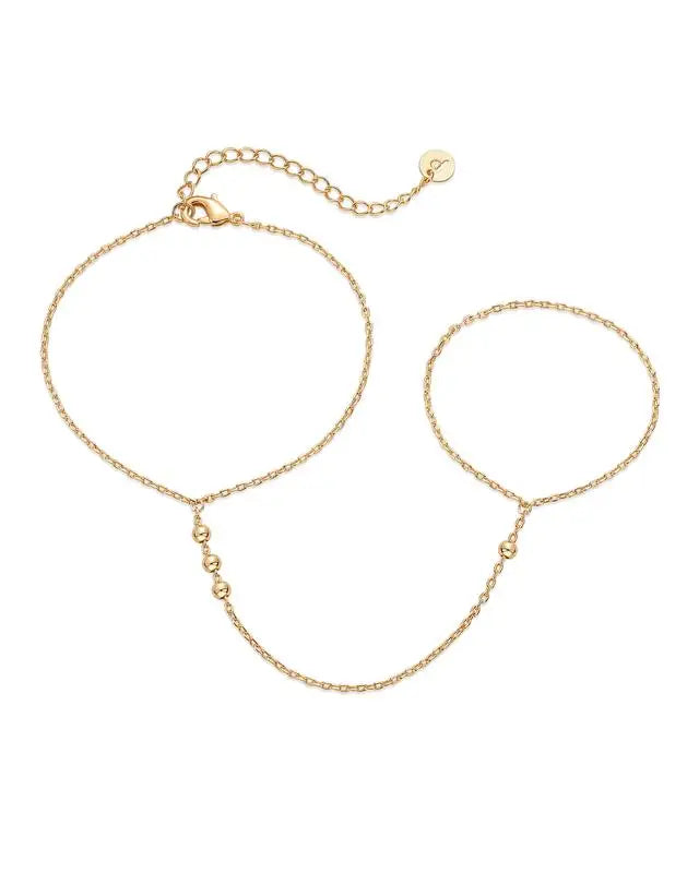 Dainty 14K Gold Plated Stainless Steel Hand Chains Pearl Cubic Zirconia Bracelet Finger Ring Chain Body Jewelry
