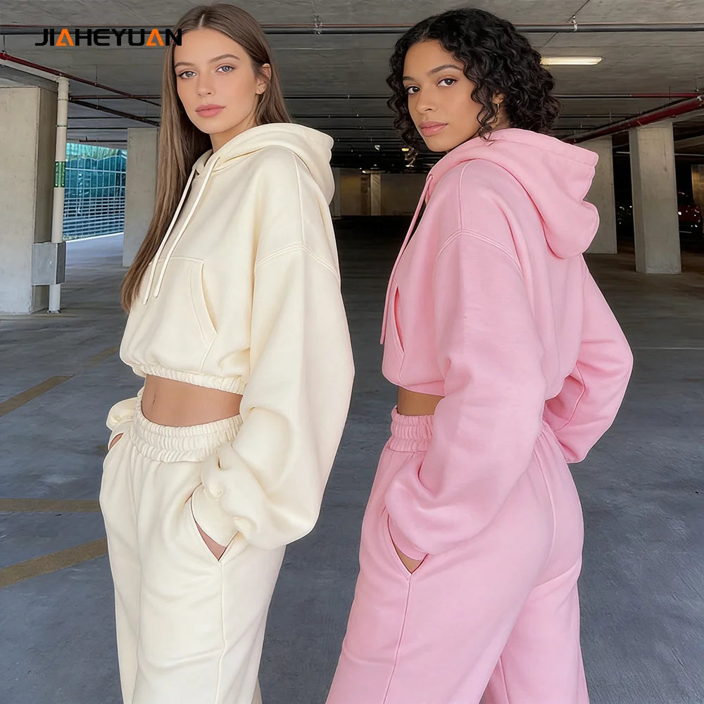 340 Grams Oversize Pullover Hoodies Set Women NEW Winter Fleece Plus Size Women Sweatsuit Set Long Sleeve Tracksuit