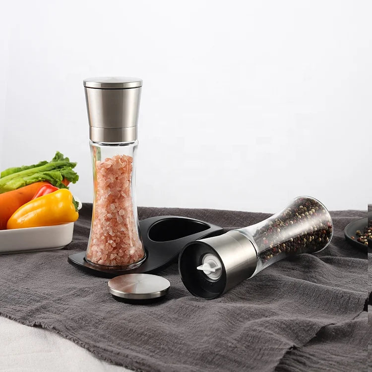 Salt and Pepper Grinder Kitchen Tools Bbq Ceramic Adjustable Refillable 18/8 Stainless with Stainless Lid 180ml Glass Bottle