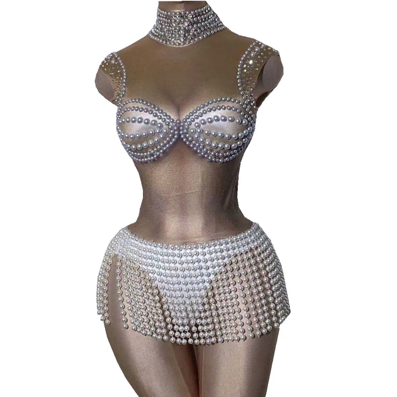 Sexy Sleeveless Nude Pearls Tassel Nightclub Bodysuit Women Festival Outfit Dancer Fringes Leotard Performance Stage Costume