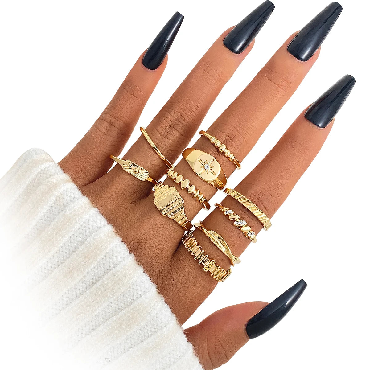 10Pcs/Set Fashion Gold Ring Set for Women Jewelry