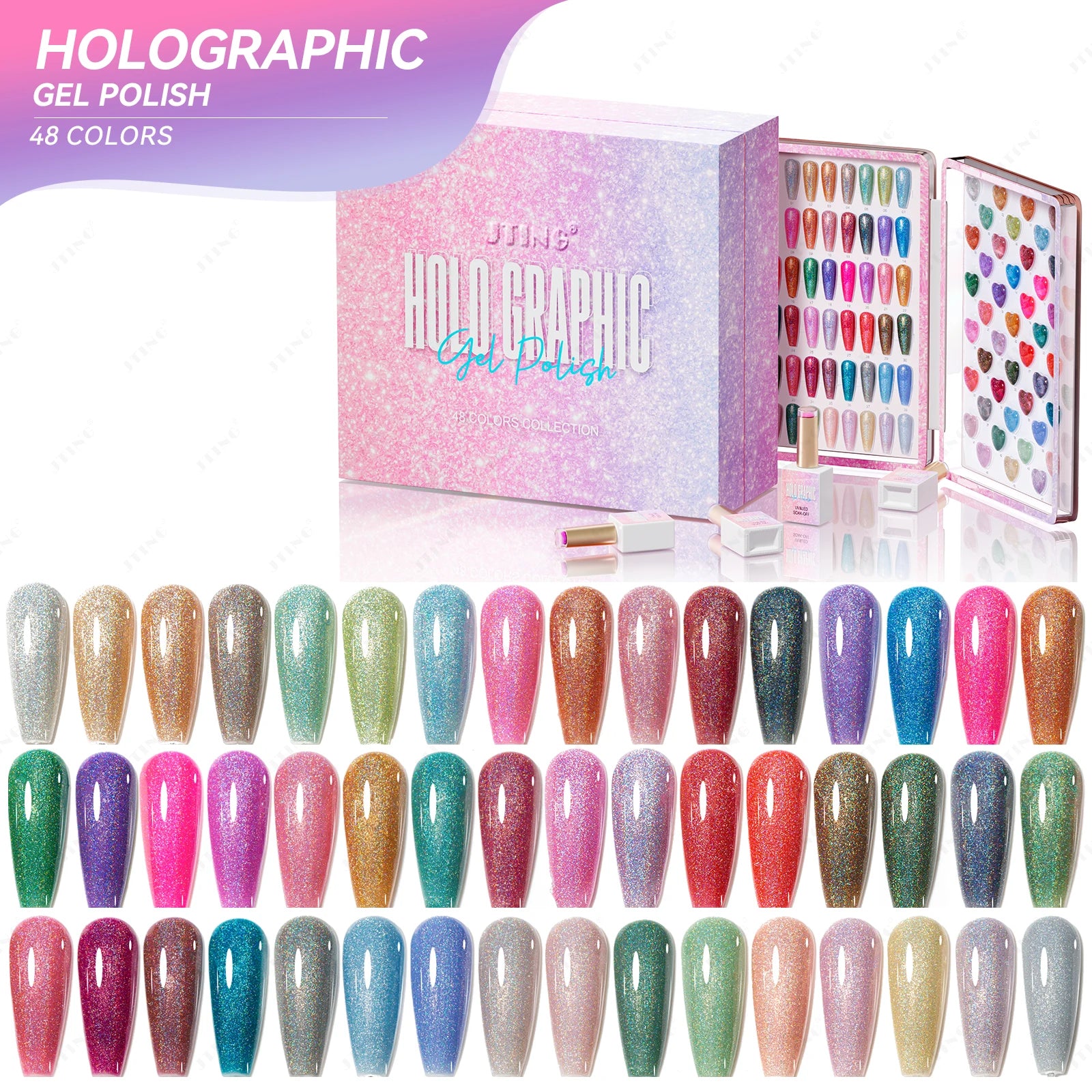 JTING Newest Arrival Holographic Laser Collection 48colors Nail Gel Polish Set Box Unique Free Color Book OEM Private Label