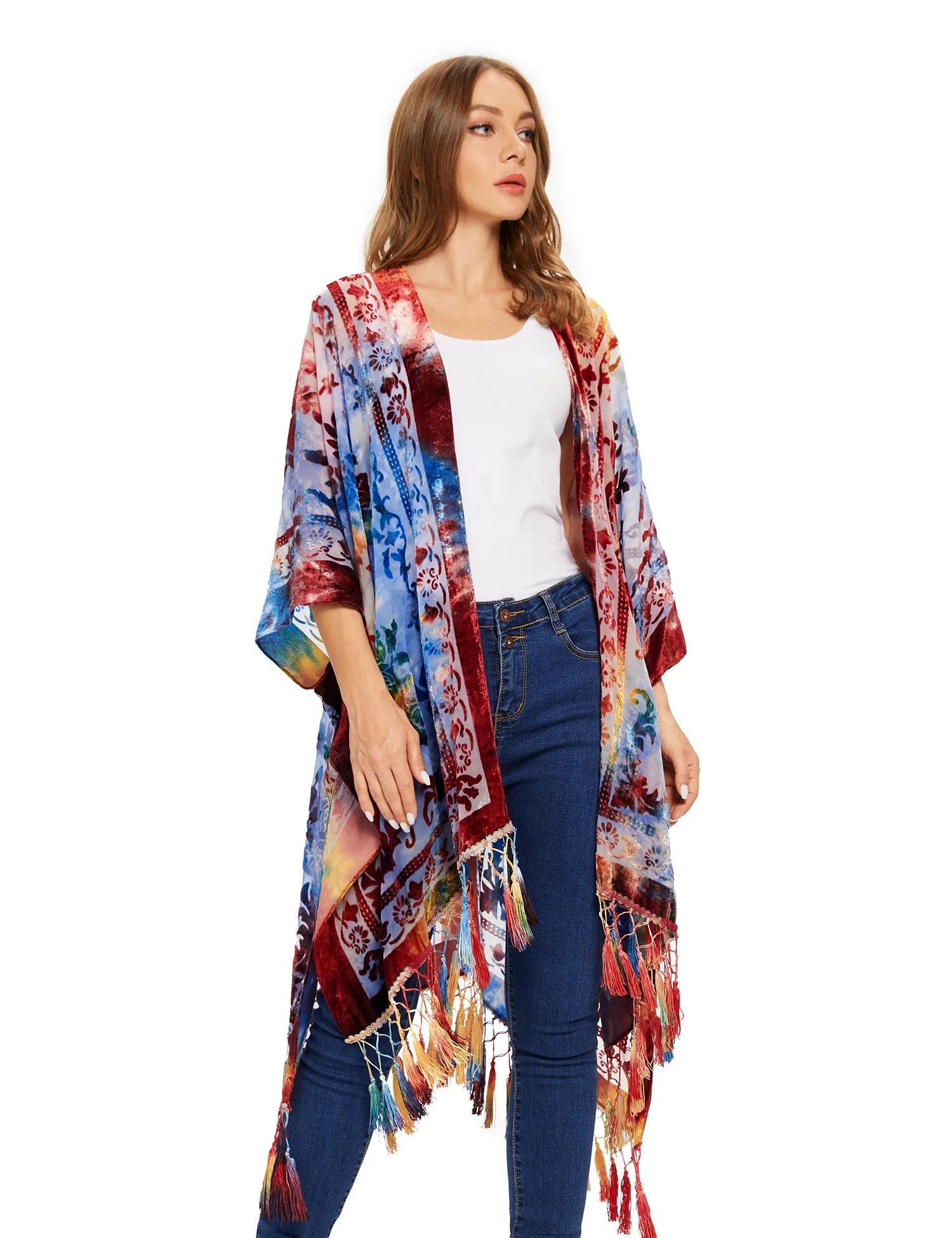 Vintage VTG One Size Classic Bohemian Velvet Burnout Fringed Patterned Shawl Kimono Jacket for Autumn Season
