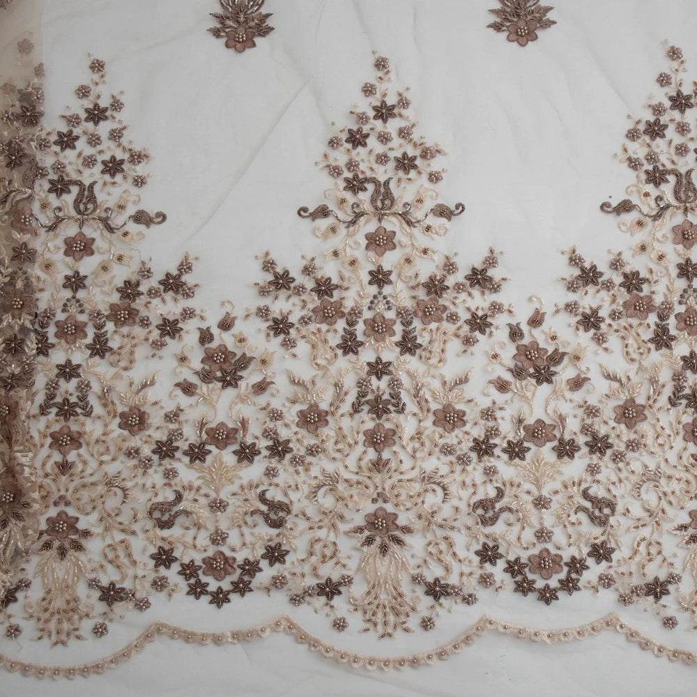 HY0687 New Design African Brown Lace Fabric With Beads and Peals Hand 3d Floral Net Lace Fabric